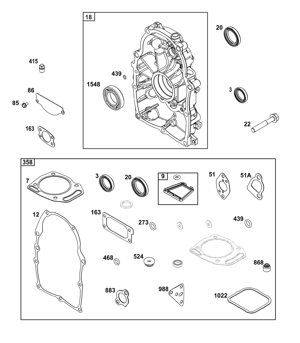 Crankcase Cover/Sump Group Diagram and Parts List for 358447-0112-01 200000 - 399999 Briggs and Stratton Engine